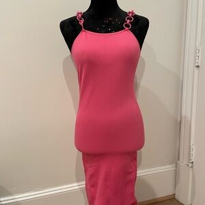 Planet Gold Vibrant Pink Ribbed Tank with Gold Logo Print